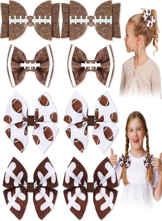 Suncalla 8 Pcs Football Hair Bow Clips Brown and White Cheer Football Bow Hair Clips Glitter Sports Game Clothing Bowknot Accessories Supplies Women Party Outfit - Image 1